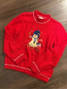 Vtg Christopher & Banks Red Snowman Embroidered Crewneck Sweater Cottagecore